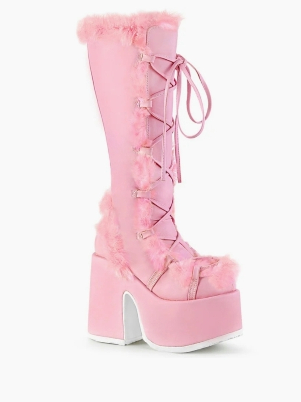 Demonia Pink Faux-Fur Lace-Up Platform Knee-High Boots